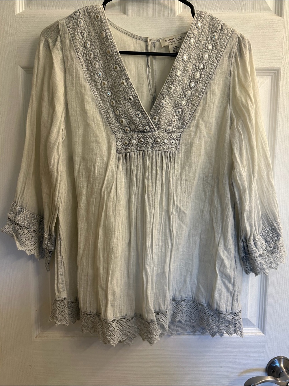 Rachel Zoe Ivory Embroidered V-Neck Tunic with Lace Trim